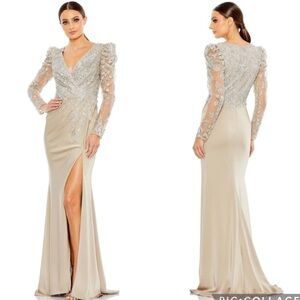 Mac Duggal 20346 Embellished Faux Wrap Illusion Puff Sleeve Gown Taupe 14